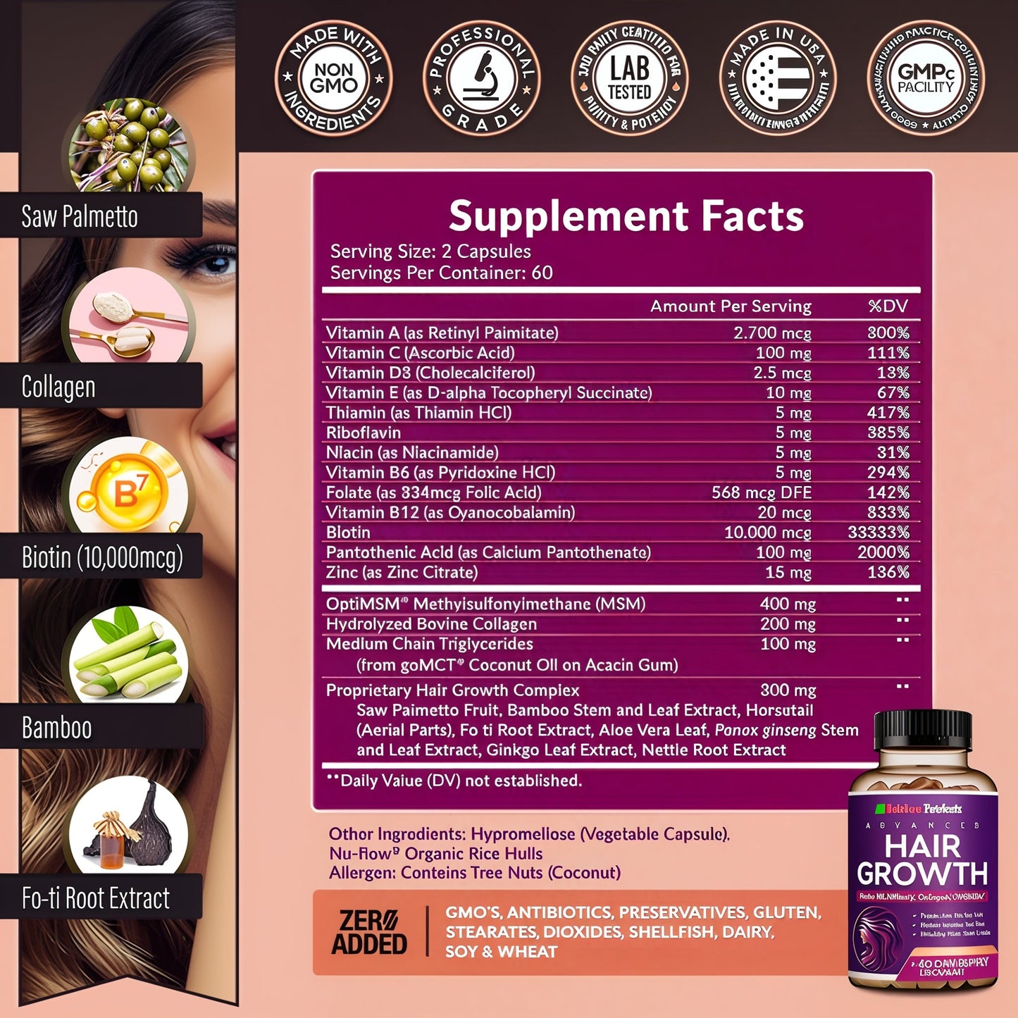 💜 HAIR GROWTH - Vitaminas Capilares Premium 60 Cápsulas